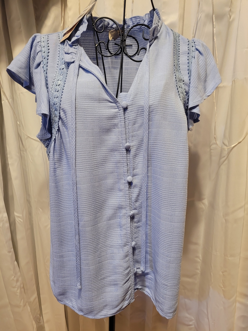 Como Vintage Light Blue Button-Front Ruffle Sleeve Blouse
